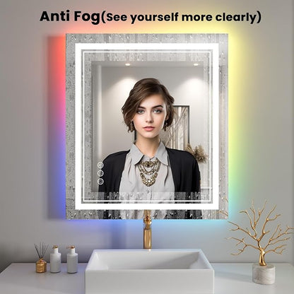 24x30 inch LED Bathroom Mirror with Lights RGB Backlit Color Changing Lighted Vanity Mirror for Bathroom Wall Dimmable Anti-Fog Led Mirror for Bathroom(RGB Backlit + 3 Front-Lighted)