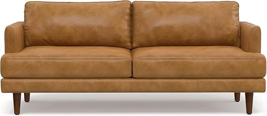 SIMPLIHOME Livingston 76-inch Wide Sofa in Sienna Top Grain Genuine Leather, Handcrafted Mid-Century Modern Loveseat for Living Room, Compact 2-Seater with Feather-Wrapped Cushions