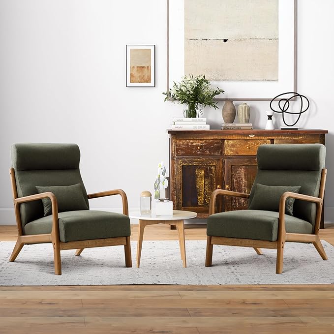 INZOY Mid Century Modern Accent Chair Set of 2, High Back Reading Armchair with Wood Frame, Upholstered Living Room Chairs with Waist Cushion, Single Lounge Arm Chair for Bedroom Sunroom, Green
