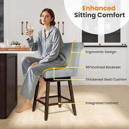 COSTWAY Swivel Bar Stools Set of 4, 27" Counter Height Bar Chairs with Rubber Wood Legs, Upholstered Linen Barstools with Back & Cushioned Seat, for Kitchen Island, Home, Pub, Grey