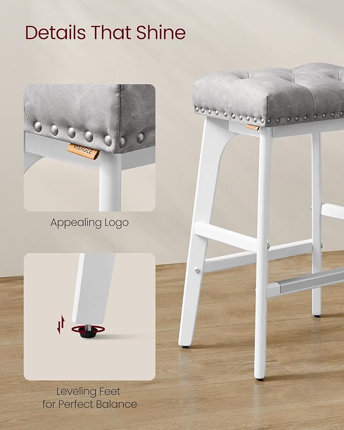 VASAGLE Bar Stools Set of 4, Saddle Counter Height Bar Stools, 26-Inch Backless Kitchen Stools with Wood Legs, PU Leather Thickened Upholstered Barstools for Kitchen Island Dining Room, Dove Gray