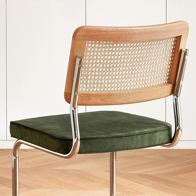 Green Rattan Dining Chairs Set of 4, Wooden Mid Century Modern Kitchen Chairs, Mesh Back Cane Dining Room Chair, Cesca Design Chairs with Metal Chrome Legs
