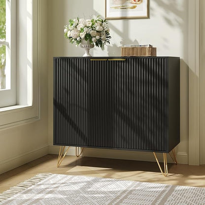 Fluted Storage Cabinet, 2 Doors Sideboard Buffet Cabinet, Modern Wood Accent Table with Adjustable Shelves, Console Table for Living Room, Hallway, Entryway, Black