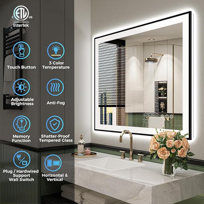 28x32 Inch LED Bathroom Mirror with Lights (Front Lit and Backlit) Black Framed Lighted Vanity Mirror for Bathroom Wall Dimmable Anti-Fog Memory Tempered Glass Horizontal/Vertical