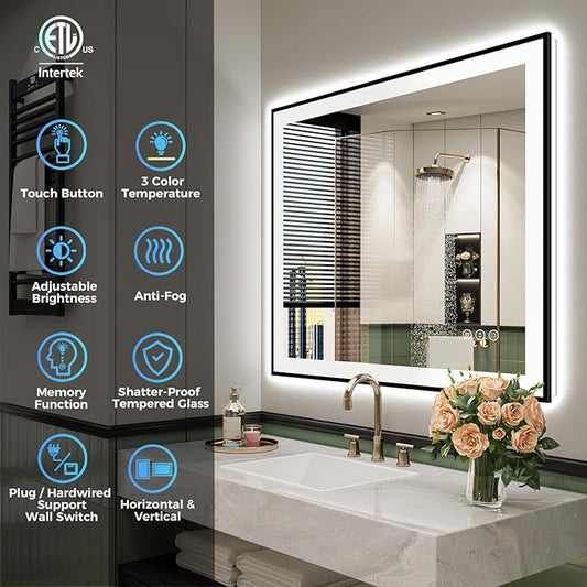 24x30 Inch LED Bathroom Mirror with Lights (Front Lit and Backlit) Black Framed Lighted Vanity Mirror for Bathroom Wall Dimmable Anti-Fog Memory Tempered Glass Horizontal/Vertical