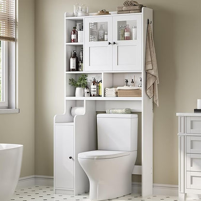 Itaar Over The Toilet Storage Cabinet, Over Toilet Bathroom Organizer with Glass Doors & Toilet Paper Holder Stand, Home Space-Saving Toilet Rack, for Bathroom, Restroom, Laundry(White)