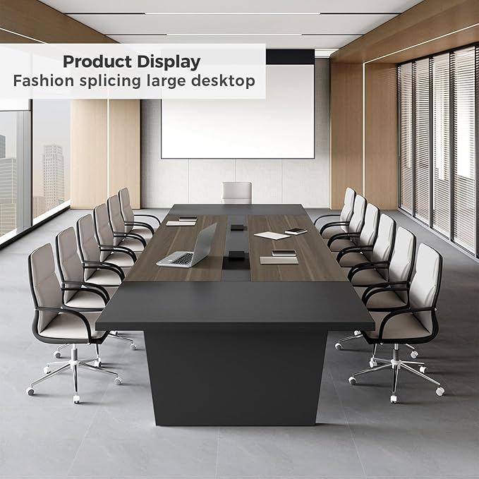 Modern Conference Table with Cable Management, Thickened Top & Trapezoidal Legs – Office Meeting Table for Executive Workspaces (Oak+Gray, 95" L