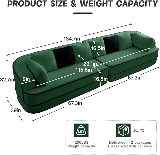135" Modular Sectional Couch, 4-Seater with Throw Pillows Modern Teddy Fabric Foam Boneless Sofa for Living Room, Oversized with Deep Seat, No Assembly Required,Green