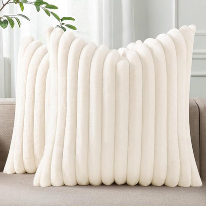 Pallene Faux Fur Plush Christmas Throw Pillow Covers 20x20 Set of 2, Luxury Soft Fluffy Striped Decorative Pillow Covers for Sofa, Couch, Living Room, Cream White