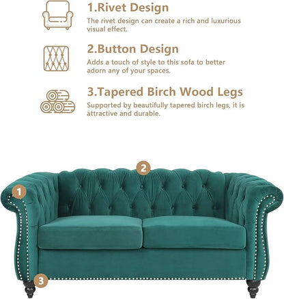 2 Piece Living Room Furniture Set, Velvet Loveseat and Chair Set, Mid Century Modern Upholstered Sofa Couch with Cushions, Comfy Tufted Chesterfield Couches for Living Room, Bedroom, Office
