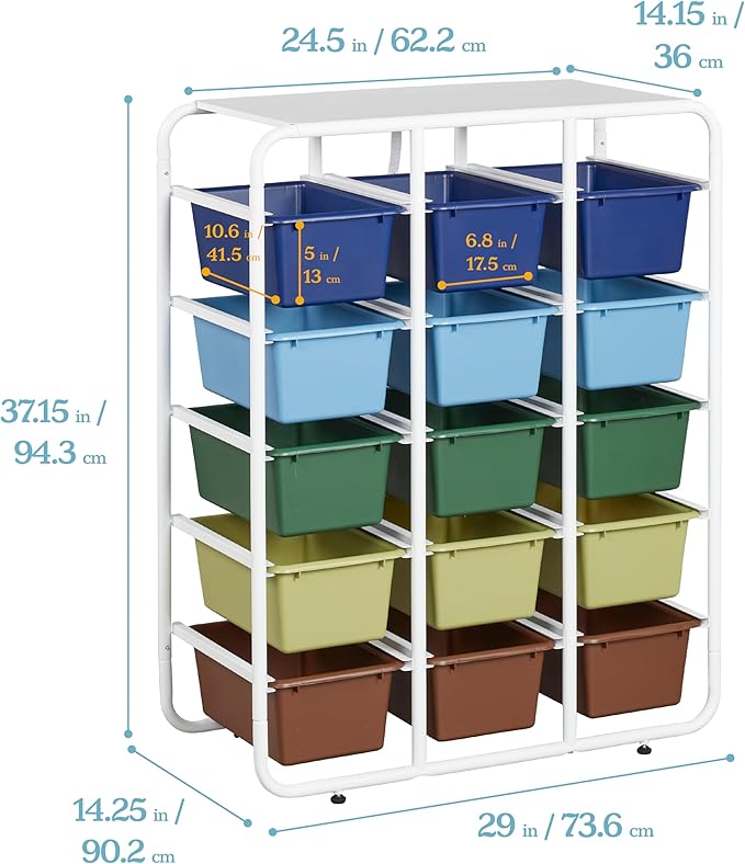 ECR4Kids 5-Tier Storage Rack with 15 Cubby Bins 5x3, Multipurpose Organization, Earthtone
