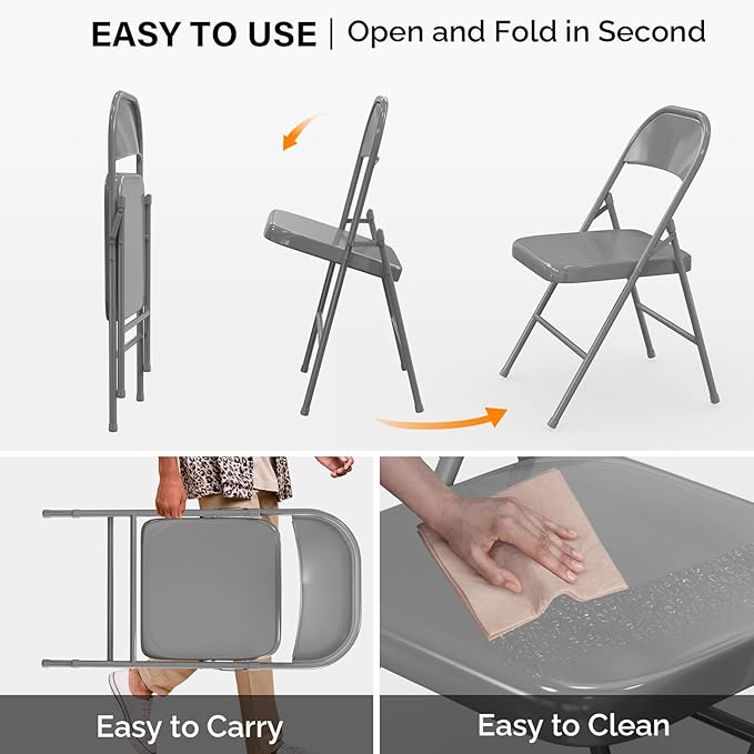 VINGLI Folding Chairs All Steel Metal Frame, Capacity 350 lbs, Durable Portable and Versatile for Indoor Outdoor Use, Gray, Set of 4