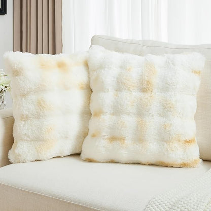 FUTEI Yellow White Decorative Throw Pillow Covers 18x18 Inch Set of 2,Soft Fuzzy Faux Rabbit Fur Cushion Covers with Raised Texture,Neutral Boho Home Decor for Couch Bed Living Room