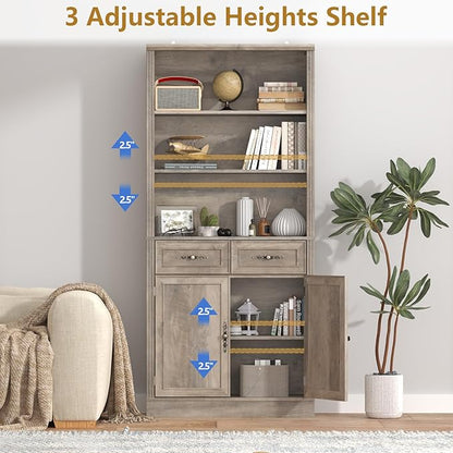 72'' Tall Bookcase with Doors and Drawers, Adjustable Shelves, P2 MDF Construction, 32'' Wide Freestanding Cabinet with Metal Handles, Hidden Storage for Living Room, Bedroom, Grey