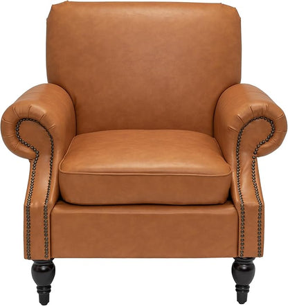 Accent Chair,22.4" Seat Depth Living Room Chair,36.6W*34.3D*34.6H Armchair with Roll Arms and Wood Legs,Set of 2,Faux Leather in Brown