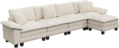 157-Inch L Shaped Sectional Sofa with Cloud Cushions, Deep Seat Modular Couch Set w/ 5 Seats & 1 Ottomans, Removable Arms, Plush Corduroy Upholstery for Living Room, Apartment - Beige