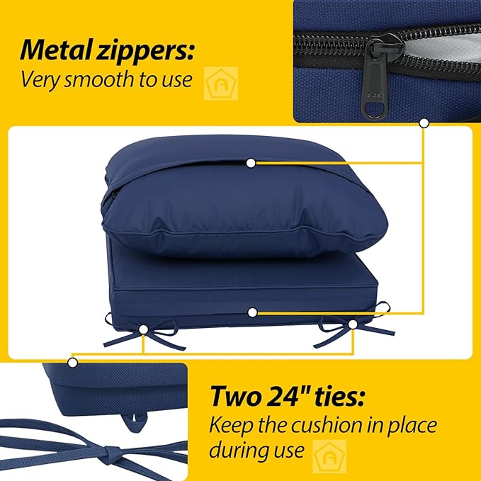AAAAAcessories Outdoor Deep Seat Cushions, Waterproof, Fade-Resistant Patio Furniture Replacement Cushions, 23.5" x 25.5" x 5" + 23.5" x 19", Set of 4, Navy Blue