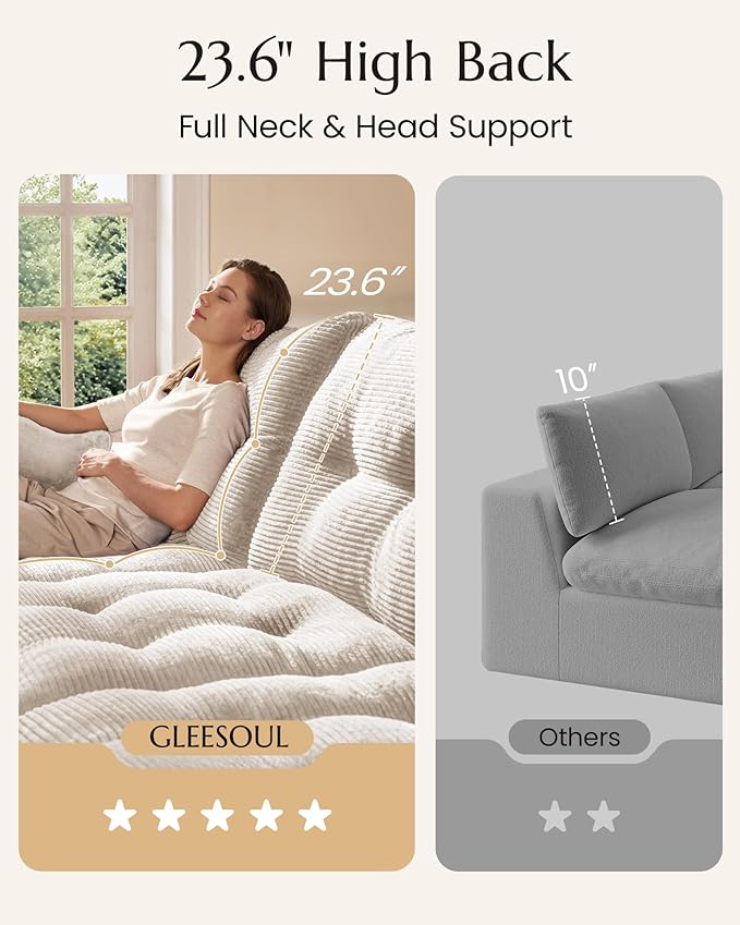 High Back Boneless Couch, Oversized Cloud Couch with Versatile 2-Pack Pillow Blankets, Corduroy Modular Sectional Sofa with Ottoman, No Assemble Sectional Couches for Living Room, Warm White