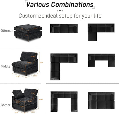 Modular Sectional Sofa with Ottoman,167inch U Shaped Convertible Cloud Couch,8 Seater Convertible V Shaped Living Room Sets,Cover Washable and Replaceable Couches for Living Room,Black