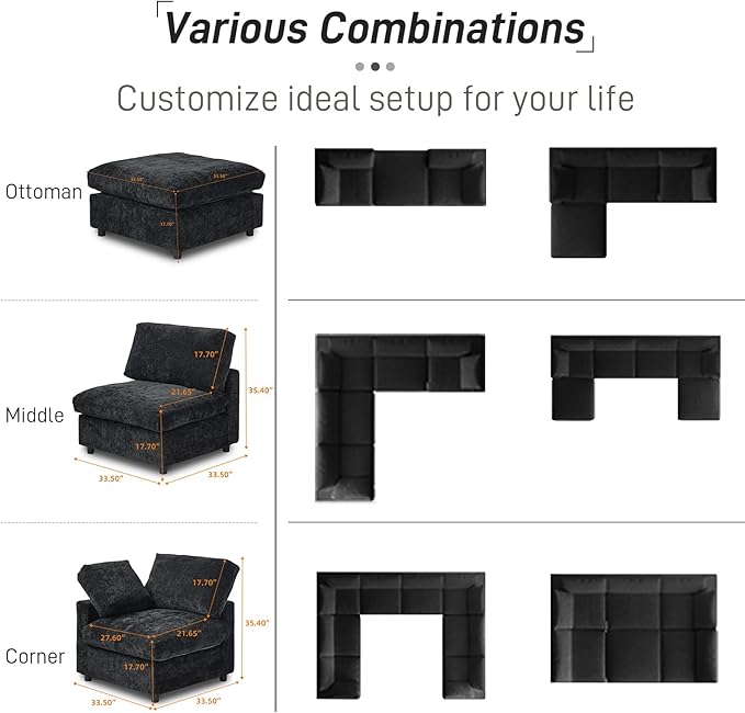WJShome Cloud Couch Modular Sectional Sofa, 134" U Shaped Couch for Livingroom, Oversized Convertible Wide Seater with 2 Ottomans Living Room Set, Covers Washable&Replaceable,Black