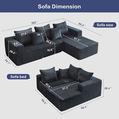 Boneless Couch for Living Room-102 Cloud Couch with Deep Seat,L-Shaped Comfy Sofa for Bedroom,Compressed Sofa in a Box,No Assembly Required(Corduroy,Grey)