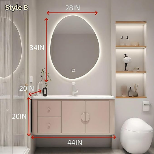 44IN Pink Modern Bathroom Vanity - Bathroom Vanities Set with 2 Drawers Wall Mounted | Rounded Corner Smart Defogging Mirror Cabinet with Lighting & Time Display, Side Opening Storage Shelf (Style B)