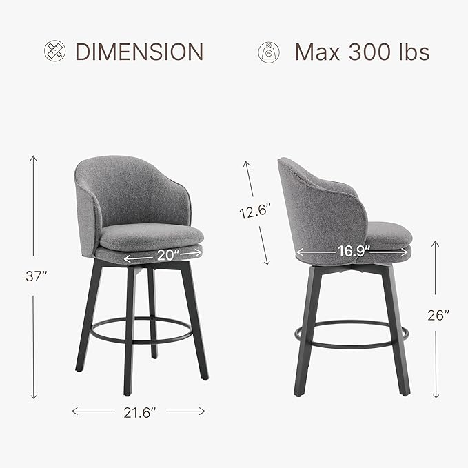Counter Height Barstools 26 inch Upholstered Swivel Bar Stools with Back and Wood Legs for Kitchen Island,Set of 2,Dark Grey Fabric