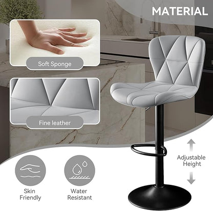Bar Stools Set of 2,Faux Leather Bar Chairs,Upholstered Counter Height with High Backrest for Kitchen Island, Light Grey