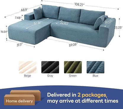 2025 New 108" Cloud Couch Sectional, Modular Sectional Sofa with L-Shaped Chaise, Deep Seat Sectional Modular Couch for Living Room, No Assembly Required (Blue, Left Facing Chaise)