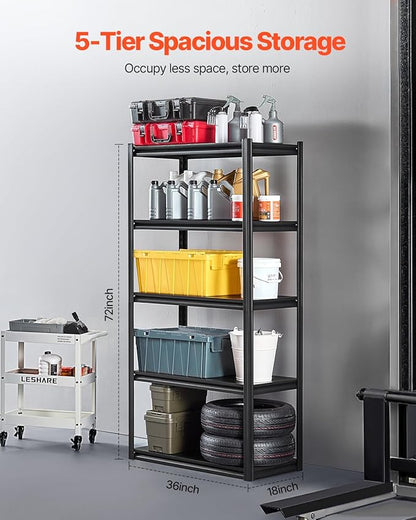 VEVOR Storage Shelves, 2000 lbs, 5 Tier Garage Storage Shelving, 18" D x 36" W x 72" H Adjustable Metal Shelves for Garage Shelves Utility Rack Shelf, Ideal for Kitchen, Warehouse, Basement, Black