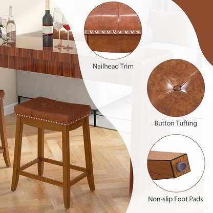 COSTWAY Saddle Bar Stools Set of 4, 25-Inch Counter Height Barstools w/PU Leather Seat, Solid Rubber Wood Frame, Footrest, Mid-Century Backless Counter Stools for Kitchen Island Home Bar