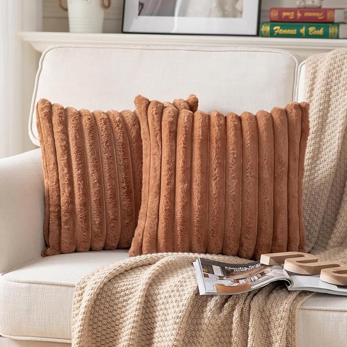 DEELAND Pack of 2,Double-Sided Faux Fur Plush Decorative Throw Pillow Covers Fuzzy Striped Soft Pillowcase Cushion Covers for Sofa Couch Bedroom Brown 18x18 inch