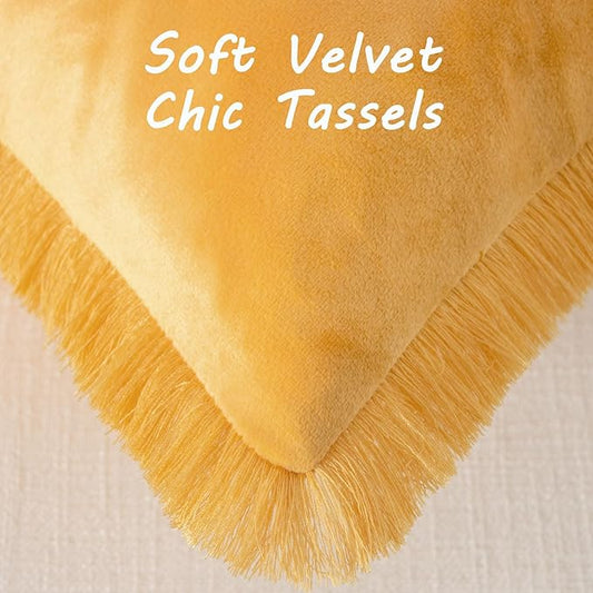 FUTEI Orange Velvet Decorative Throw Pillow Covers 26x26 Set of 2,Soft Cozy Edge with Tassels Euro Pillow Shams,Boho Modern Home Decor for Couch Bed Living Room