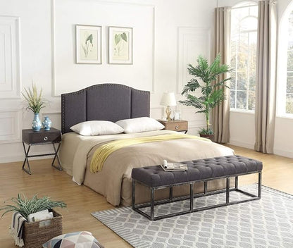 24KF Middle Century Linen Upholstered Tufted Queen Size Headboard with Antique Brass Nails Queen/Full headboard -Dark Gray