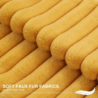 Pallene Faux Fur Plush Throw Pillow Covers 22x22 Set of 2, Luxury Soft Fluffy Striped Decorative Pillow Covers for Sofa, Couch, Living Room, Mustard Yellow