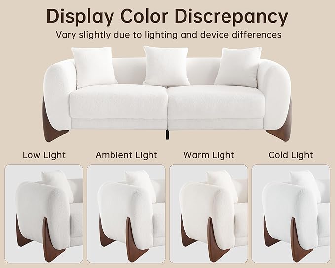 Morden Fort Modern Cloud Couch - 3 Seater Sherpa Boucle Sofa with Wood Legs, Ultra-Thick High Resilience Cushion with 3 Matching Pillows Upholstered Comfy Couch Sofa for Living Room - Off White