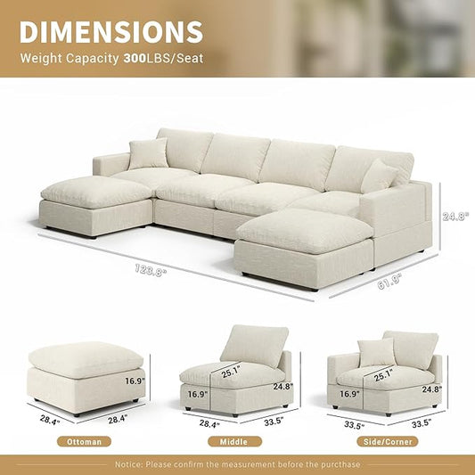 Modern Sectional Linen Couch for Living Room U-Shape Sofas,6 Seat Modular Cloud Sofas,Couches Cushion Covers Removable,Cozy Feather Down Sofa for Apartment Beige