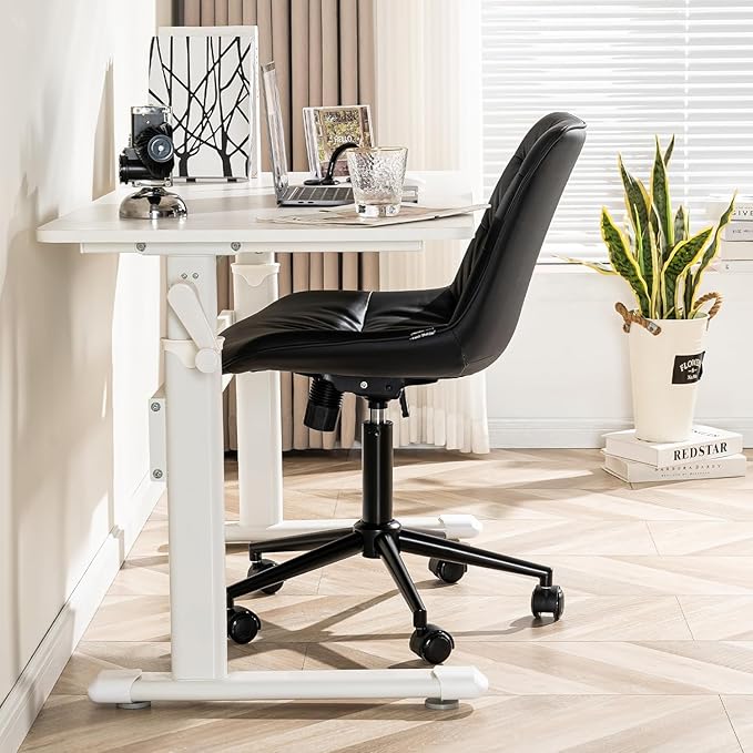 Kidol & Shellder Faux Leather Office Chair, Adjustable Swivel Height Task Chair, Rolling Wheels & Soft Backrest - Armless Ergonomic Desk Chair for Home, Office,Vanity,Gaming（Black）