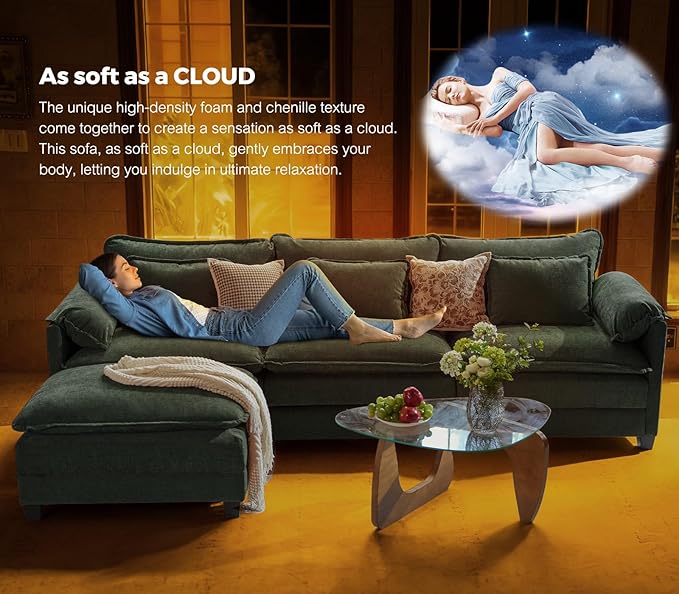 ELUCHANG 116" Luxury Modular Sectional Sofa, Comfy Deep Seat Cloud Couch, Sleeper Sofa Bed, 6 Seat Modern Couch with Removable Cover for Living Room, Apartment, DIY Combination, Chenille Olive Green