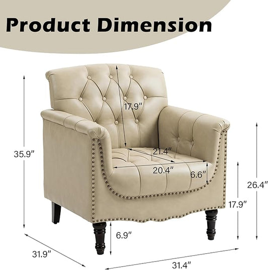Faux Leather Accent Chairs Set of 4, Upholstered Armchairs with Nailhead Trims & Wood Legs for Living Room, Bedroom, Contemporary Comfy Club Chairs for Office-Beige