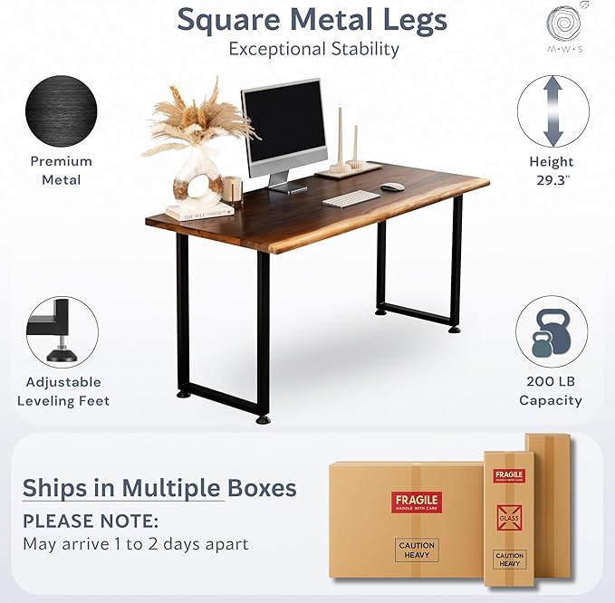 Solid Walnut Wood Computer Desk with Keyboard Tray – Live Edge Wooden Home Office Desks with Sturdy Metal Legs – Real Wood Table for Work, Study, or Gaming - 60” x 27”