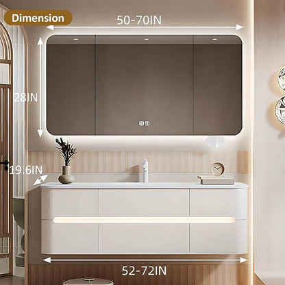 60IN Bathroom Vanity - Bathroom Vanity with Sink with Intelligent Induction Light | Wall-Mounted Bathroom Vanity with Intelligent LED Mirror Cabinet & 6 Drawers, Cream Color