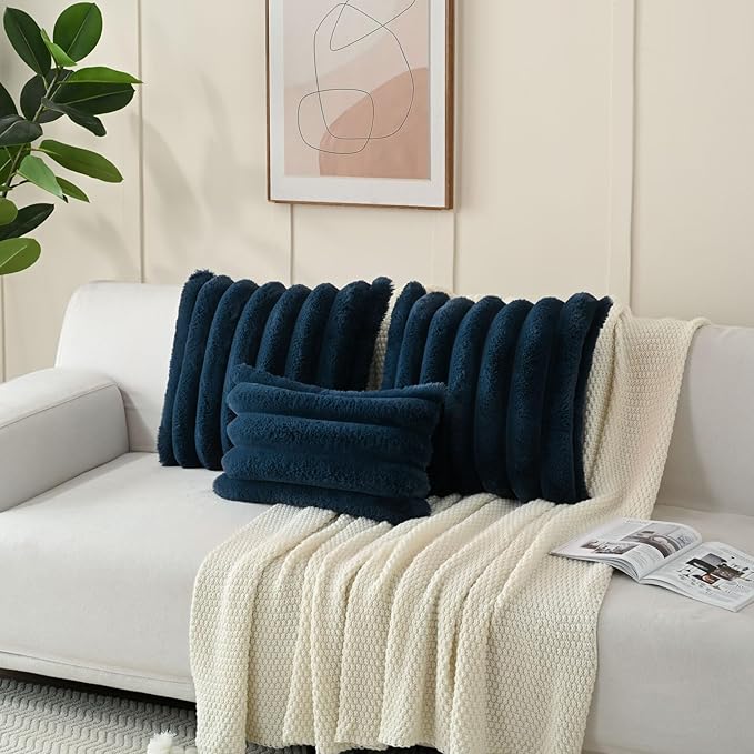 FUTEI Navy Blue Decorative Throw Pillow Covers 22x22 Inch Set of 2, Square Soft Faux Rabbit Fur Thick Striped Cushion Cover,Winter Home Decor for Couch Bed Living Room