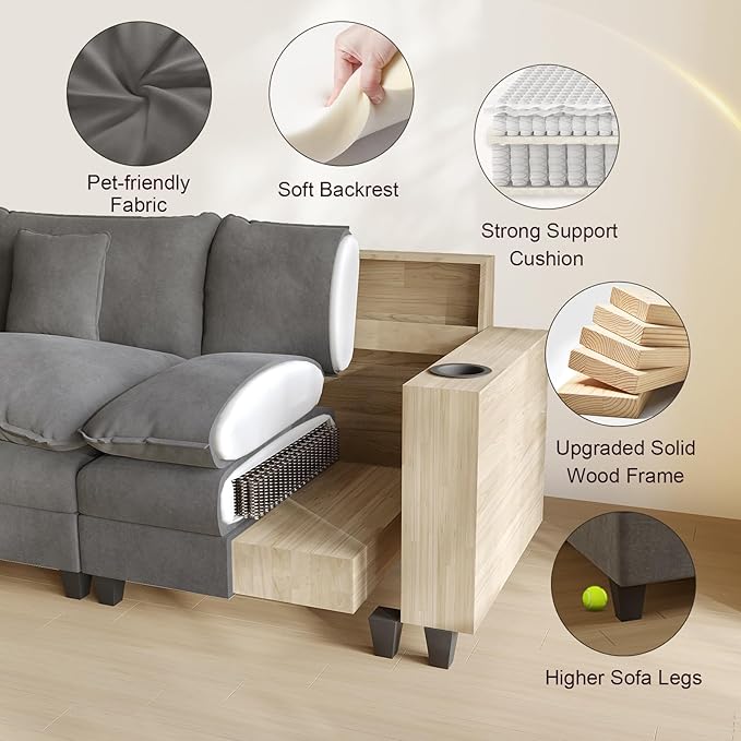 Modular Sectional Sofa, Cloud Couch with Ottoman, Charging Station, Throw Pillows, Cup Holders, Modern Convertible L Shaped Couches for Living Room, Bedroom (Grey, 152"- L Shape)