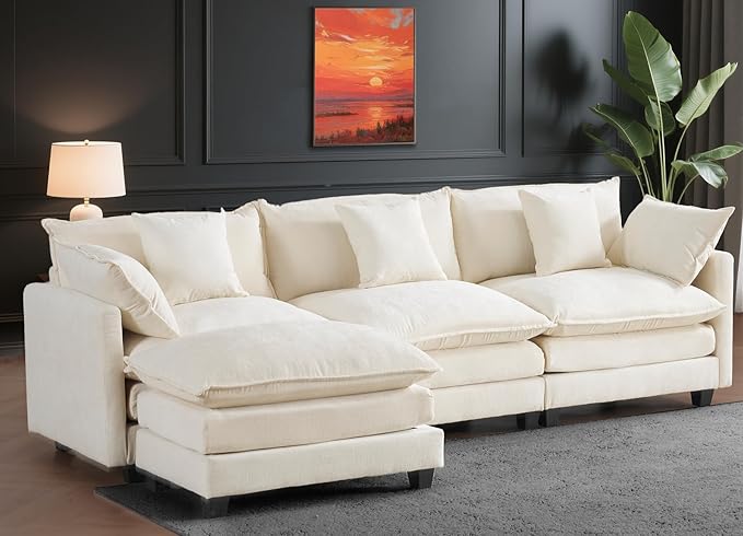 111.4" Cloud L Shaped Sectional Couch with Ottoman｜Modular Chenille Sofa with 29.1" Deep Seat｜FSC Solid Wood Frame｜Easy Assembly & 1YR Guarantee｜for Living Room Bedroom Apartment