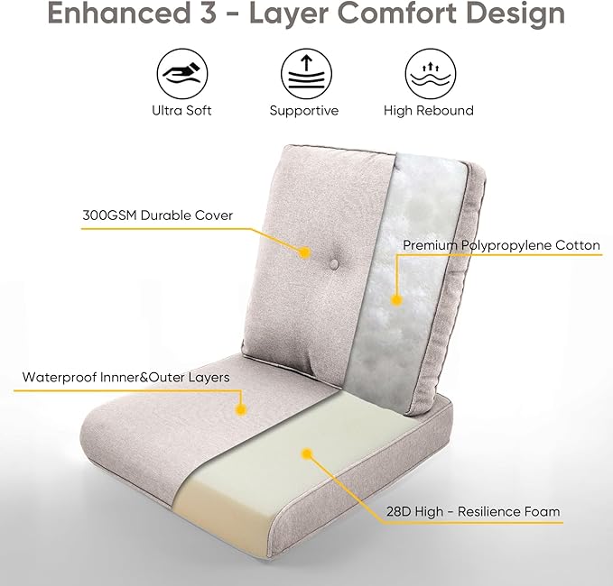 10-Piece Outdoor Patio Cushion Set - Fade & Water Resistant with Removable Olefin Cover, 22x24x4 Inch Memory Foam Cushions for Wicker Sectional Sofa – Beige/Buckle