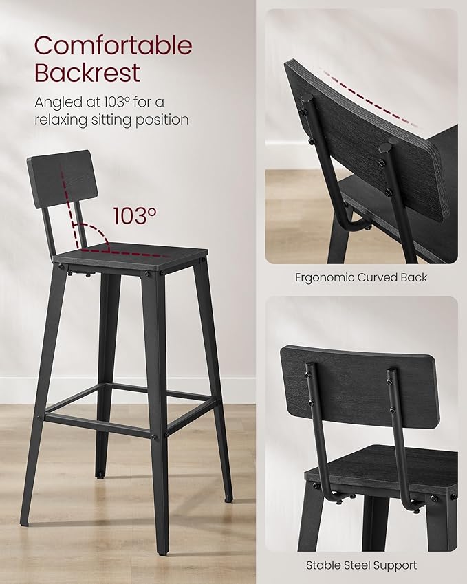 VASAGLE Set of 2 Bar Stools, Bar Height Stools, 29.1 Inches Tall Barstools with Back, Counter Bar Chairs for Kitchen Island, Steel Frame, Industrial Style, Easy Assembly, Ash Black and Ink Black
