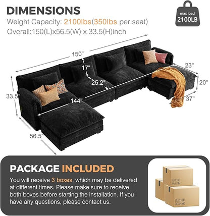 ELUCHANG 150" Modular Sectional Sofa, Comfy Deep Seat Cloud Couch, 6 Seater U Shaped Modern Sofa with Removable Cover for Living Room, Apartment, DIY Combination, Chenille Black