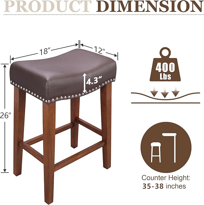 PrimeZone Counter Height Bar Stools Set of 8 - Backless Saddle Barstools with 4.3" Thick Upholstered, Nailhead Trim Faux Leather & Solid Wood Legs, 26 Inch Counter Stools for Kitchen Island, Brown