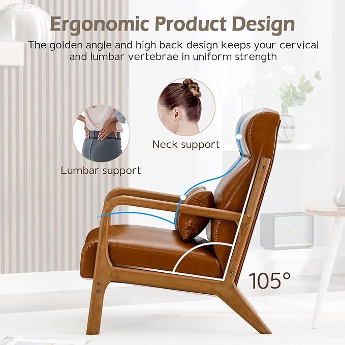 INZOY Mid Century Modern Accent Chair with High Back, PU Leather Reading Armchair with Waist Cushion, Upholstered Wood Frame Living Room Chairs for Bedroom Sunroom, Camel
